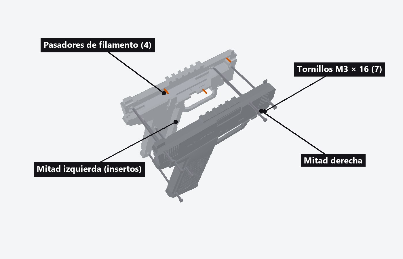 Las dos mitades con los pasadores de filamento y los tornillos