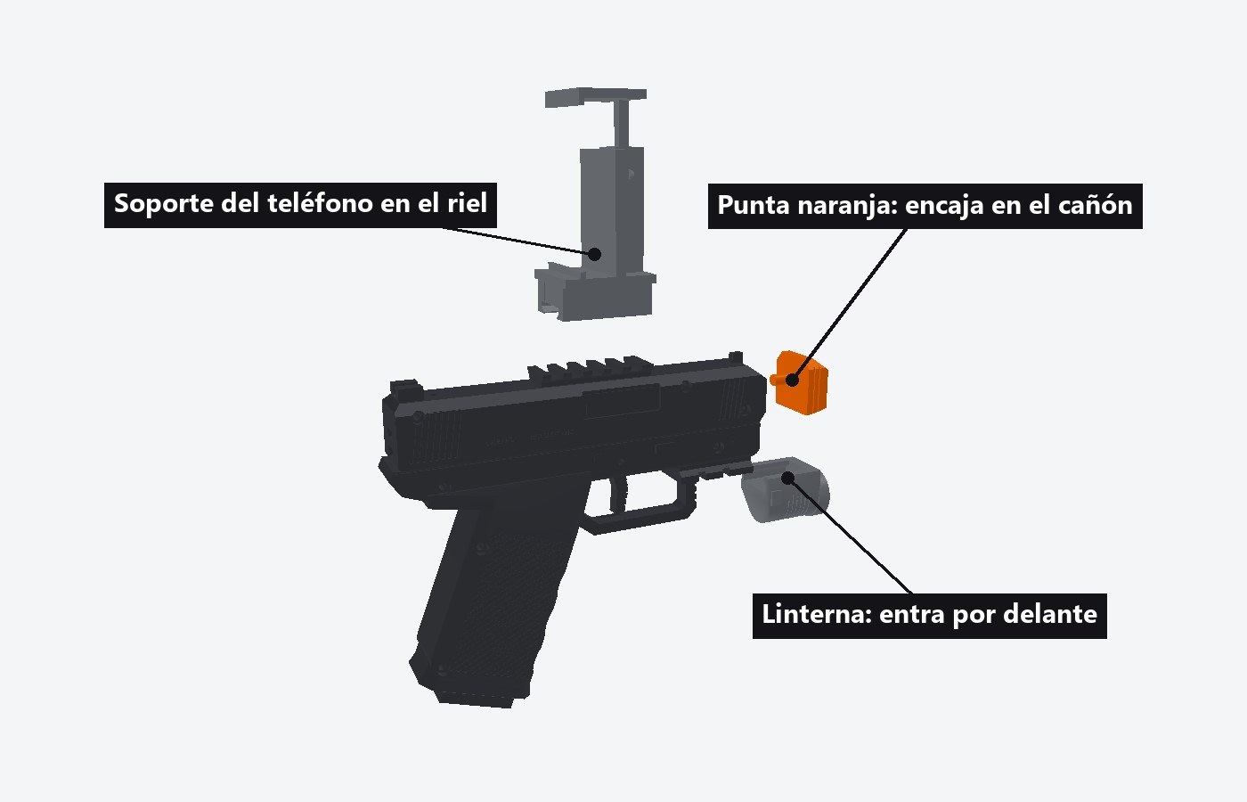 Punta naranja, linterna y soporte del teléfono
